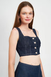 en Saison Clothing Denim Bustier Crop Top Style IES2921T in Denim;Denim Bustier Top;Button Front Stretchy Denim Bustier Top