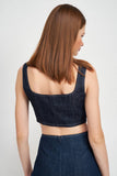 en Saison Clothing Denim Bustier Crop Top Style IES2921T in Denim;Denim Bustier Top;Button Front Stretchy Denim Bustier Top