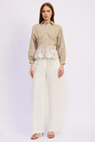 en Saison Clothing Juliette Top Style IEJ5060T in White Mustard; Striped Peplum Button Down Spring Top with Lace Trim; 