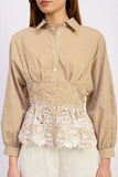 en Saison Clothing Juliette Top Style IEJ5060T in White Mustard; Striped Peplum Button Down Spring Top with Lace Trim; 