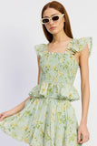 en Saison clothing Rylee Peplum Top Style IEI4696T-1 in Sage with olive and yellow; smocked bodice peplum botton floral spring summer top