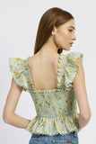 en Saison clothing Rylee Peplum Top Style IEI4696T-1 in Sage with olive and yellow; smocked bodice peplum botton floral spring summer top
