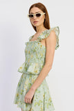 en Saison clothing Rylee Peplum Top Style IEI4696T-1 in Sage with olive and yellow; smocked bodice peplum botton floral spring summer top