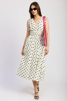 en Saison Clothing Harley Midi Dress Style IEI4630D in Ivory with Black; Ivory Dress with black polka Dots; polka dot dress; Summer Dress