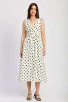 en Saison Clothing Harley Midi Dress Style IEI4630D in Ivory with Black; Ivory Dress with black polka Dots; polka dot dress; Summer Dress