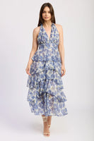 en saison clothing Odessa Maxi Dress Style IEJ4659D in Ivory Blue Multi;Floral Halter Neck Dress;Blue and Ivory Floral Tiered Maxi Dress;Spring Summer Floral Maxi Dress; 