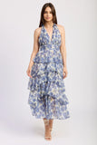 en saison clothing Odessa Maxi Dress Style IEJ4659D in Ivory Blue Multi;Floral Halter Neck Dress;Blue and Ivory Floral Tiered Maxi Dress;Spring Summer Floral Maxi Dress; 