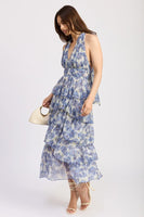 en saison clothing Odessa Maxi Dress Style IEJ4659D in Ivory Blue Multi;Floral Halter Neck Dress;Blue and Ivory Floral Tiered Maxi Dress;Spring Summer Floral Maxi Dress; 