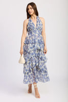 en saison clothing Odessa Maxi Dress Style IEJ4659D in Ivory Blue Multi;Floral Halter Neck Dress;Blue and Ivory Floral Tiered Maxi Dress;Spring Summer Floral Maxi Dress; 