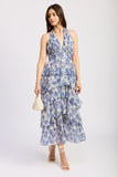 en saison clothing Odessa Maxi Dress Style IEJ4659D in Ivory Blue Multi;Floral Halter Neck Dress;Blue and Ivory Floral Tiered Maxi Dress;Spring Summer Floral Maxi Dress; 