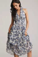 en saison clothing Odessa Maxi Dress Style IEJ4659D in Ivory Blue Multi;Floral Halter Neck Dress;Blue and Ivory Floral Tiered Maxi Dress;Spring Summer Floral Maxi Dress; 