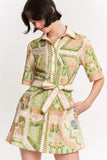 en saison clothing Sariyah Mini Shirt Dress style IEI5077d in Ivory Olive Multi; Placement Print belted shirt mini dress; 