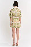 en saison clothing Sariyah Mini Shirt Dress style IEI5077d in Ivory Olive Multi; Placement Print belted shirt mini dress; 