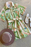 en saison clothing Sariyah Mini Shirt Dress style IEI5077d in Ivory Olive Multi; Placement Print belted shirt mini dress; 