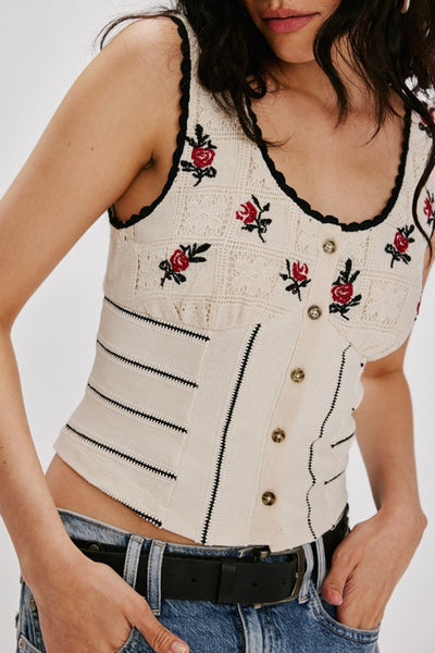 Free People Rose Bud Knit Top Style OB2097326 in Ivory Combo; Embroidered Knit Tank Vest Top