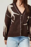 illa illa clothing Knit Horse Cozy Cardigan Style IM8672 in Brown; Brown Horsed Themed Cardigan with contrast stitching; fall horse cardigan