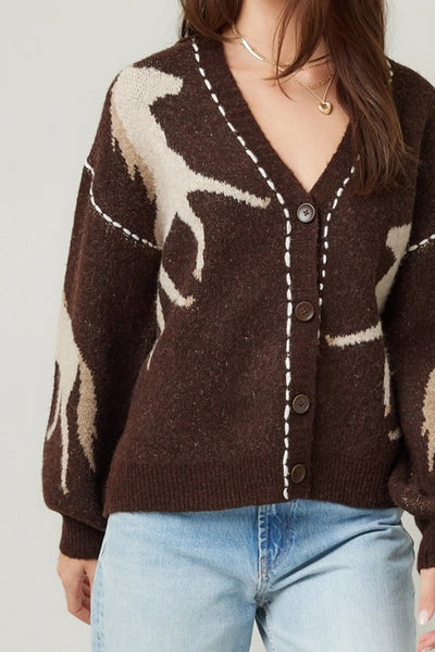 illa illa clothing Knit Horse Cozy Cardigan Style IM8672 in Brown; Brown Horsed Themed Cardigan with contrast stitching; fall horse cardigan