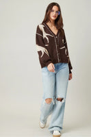illa illa clothing Knit Horse Cozy Cardigan Style IM8672 in Brown; Brown Horsed Themed Cardigan with contrast stitching; fall horse cardigan