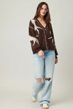 illa illa clothing Knit Horse Cozy Cardigan Style IM8672 in Brown; Brown Horsed Themed Cardigan with contrast stitching; fall horse cardigan