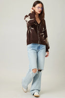 illa illa clothing Knit Horse Cozy Cardigan Style IM8672 in Brown; Brown Horsed Themed Cardigan with contrast stitching; fall horse cardigan