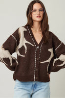 illa illa clothing Knit Horse Cozy Cardigan Style IM8672 in Brown; Brown Horsed Themed Cardigan with contrast stitching; fall horse cardigan