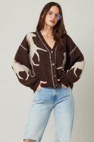illa illa clothing Knit Horse Cozy Cardigan Style IM8672 in Brown; Brown Horsed Themed Cardigan with contrast stitching; fall horse cardigan