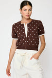 line & dot clothing dollie layered sweater style LT6046L-1 in Brown Multi women's brown polka dot  layered cotton button front spring cardigan.