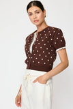 line & dot clothing dollie layered sweater style LT6046L-1 in Brown Multi women's brown polka dot  layered cotton button front spring cardigan.
