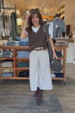 Astrid Clothing Emerson Pants Style 13-G01987J in Cream; Cream Corduroy Culotte Pant. Wide Leg Cropped Corduroy Pants styled and modeled at and by Bfree Boutique Warwick NY