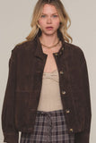Heartloom Clothing Larissa Suede Jacket Style 267UK8B BTSWT in Bittersweet.  Real Suede, chocolate brown funnel neck jacket