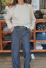 Astrid Clothing Pinstripe Trouser Style 11-U3576J in Navy; Navy Pinstripe, Wide leg, Belted Trouser Pant Styled and Modeled at bfree Warwick, NY