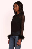 Amanda Uprichard Letitia Top Style ME-31850 in Black;Sheer Black Top;Feather Top;Feather Wrist Top; 