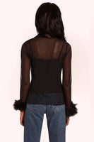 Amanda Uprichard Letitia Top Style ME-31850 in Black;Sheer Black Top;Feather Top;Feather Wrist Top; 