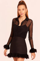 Amanda Uprichard Letitia Top Style ME-31850 in Black;Sheer Black Top;Feather Top;Feather Wrist Top; 