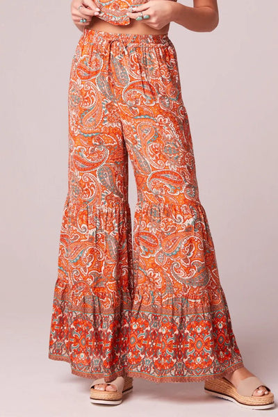 Band of Gypsies Band of The Free Shaila Orange Paisley Tiered Ruffle Pants Style WH151081B in Orange Ivory Paisley Print;Paisley Pant;Ruffle Bottom Pant;Paisley Print Ruffle Bottom Pant