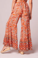 Band of Gypsies Band of The Free Shaila Orange Paisley Tiered Ruffle Pants Style WH151081B in Orange Ivory Paisley Print;Paisley Pant;Ruffle Bottom Pant;Paisley Print Ruffle Bottom Pant