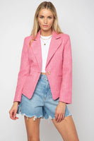Central Park West Clothing Romona Tweed Blazer Style C13425 in Sweet Pink;Pink Tweed Blazer;Women's Pink Spring Blazer;Women's Tweed Spring Blazer