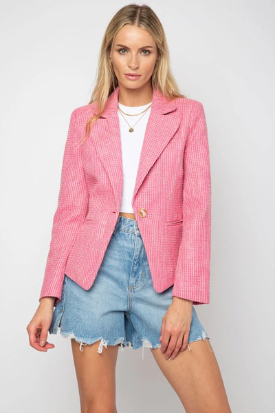 Central Park West Clothing Romona Tweed Blazer Style C13425 in Sweet Pink;Pink Tweed Blazer;Women's Pink Spring Blazer;Women's Tweed Spring Blazer