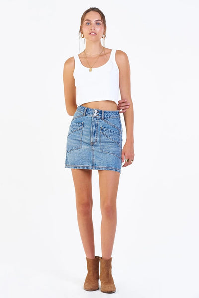 Dear John Denim QUINN SUPER HIGH RISE SKIRT Style DKM81B130BWD in BEACHWOOD;Denim Mini Skirt;High Rise Denim Mini Skirt;Dear John Denim High Rise Denim Mini Skirt; 