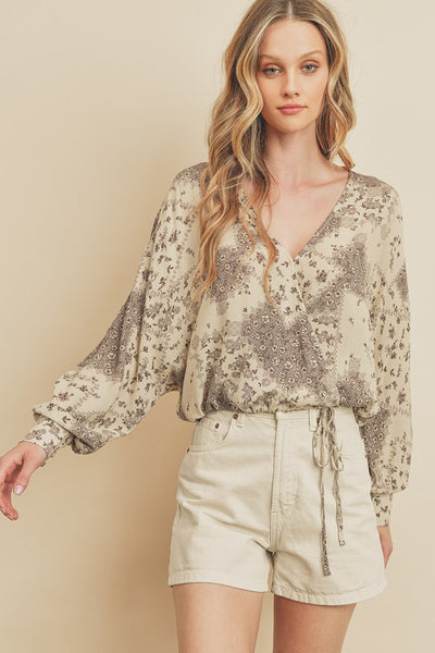 Dress Forum Clothing Endless Flower Patch Kimono Top Style FT9638 in Dried Lavender;Women's Pre Fall Top;Batwing Printed Blouse