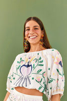 Farm Rio Summer Garden Embroidered Crop Top Style 306110 in Off White; 