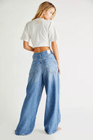 Free People Old West Slouchy Jean Style OB1280913 in Canyon Blue;Wide Leg Denim Jeans;Free People Wide Leg Slouchy Denim Jeans;Raw Hem Slouchy Wide Leg Jeans