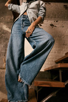 Free People Old West Slouchy Jean Style OB1280913 in Canyon Blue;Wide Leg Denim Jeans;Free People Wide Leg Slouchy Denim Jeans;Raw Hem Slouchy Wide Leg Jeans