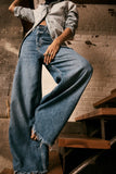Free People Old West Slouchy Jean Style OB1280913 in Canyon Blue;Wide Leg Denim Jeans;Free People Wide Leg Slouchy Denim Jeans;Raw Hem Slouchy Wide Leg Jeans
