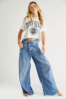 Free People Old West Slouchy Jean Style OB1280913 in Canyon Blue;Wide Leg Denim Jeans;Free People Wide Leg Slouchy Denim Jeans;Raw Hem Slouchy Wide Leg Jeans