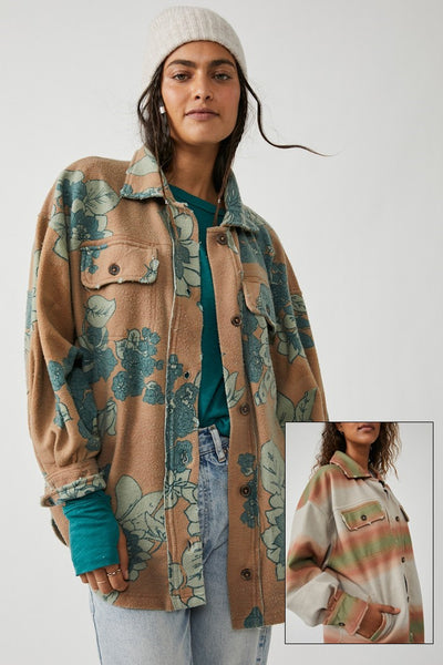 Free People Printed Ruby Jacket Style OB1468376 In Tan Combo and Mazipan Combo;Free people floral shirt jacket;Free People Shacket; Fall outerwear