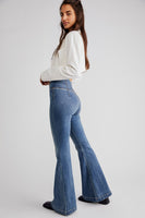 Free People Venice Beach Flare Style OB1454406 in Brazil Blue;Free People Cross-over front flare jeans;free people flares;pull-on flare denim jeans