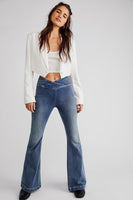 Free People Venice Beach Flare Style OB1454406 in Brazil Blue;Free People Cross-over front flare jeans;free people flares;pull-on flare denim jeans