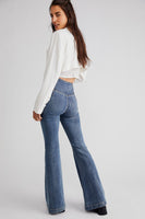 Free People Venice Beach Flare Style OB1454406 in Brazil Blue;Free People Cross-over front flare jeans;free people flares;pull-on flare denim jeans