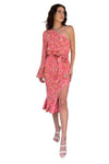 Hemant and Nandita Roop Midi Dress Style HN-ROOP-605 in Coral;Hemant & Nandita One Shoulder Midi Dress;One Should Floral Midi Dress in Coral;Event Dress;Gorgeous Feminine Midi Dress;Elegant Midi Dress